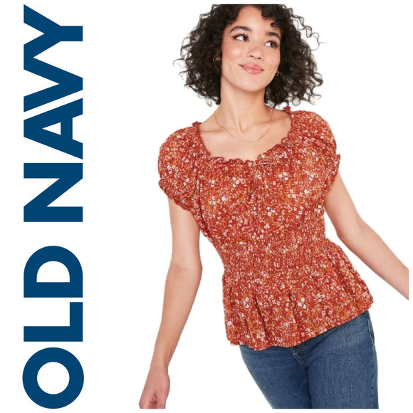 New Old Navy Plus Sz 4X Puff-Sleeve Floral-Print Smocked Peplum Blouse NWOT - Picture 1 of 5